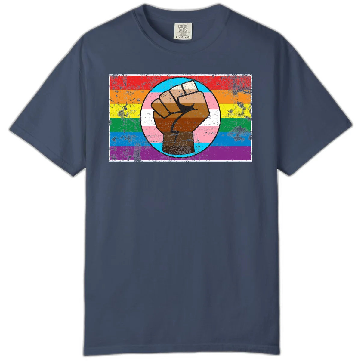 Raised brown fist in circular badge with rainbow pride flag and trans flag stripe background symbolizing LGBTQ+ solidarity in Midnight