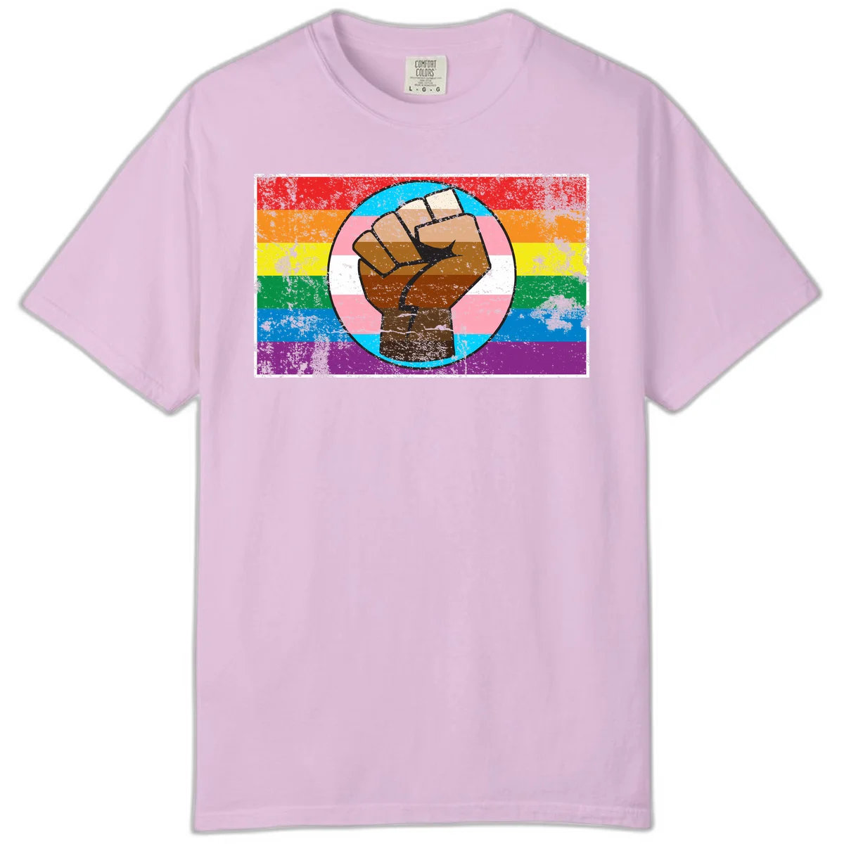 Raised brown fist in circular badge with rainbow pride flag and trans flag stripe background symbolizing LGBTQ+ solidarity in Orchid