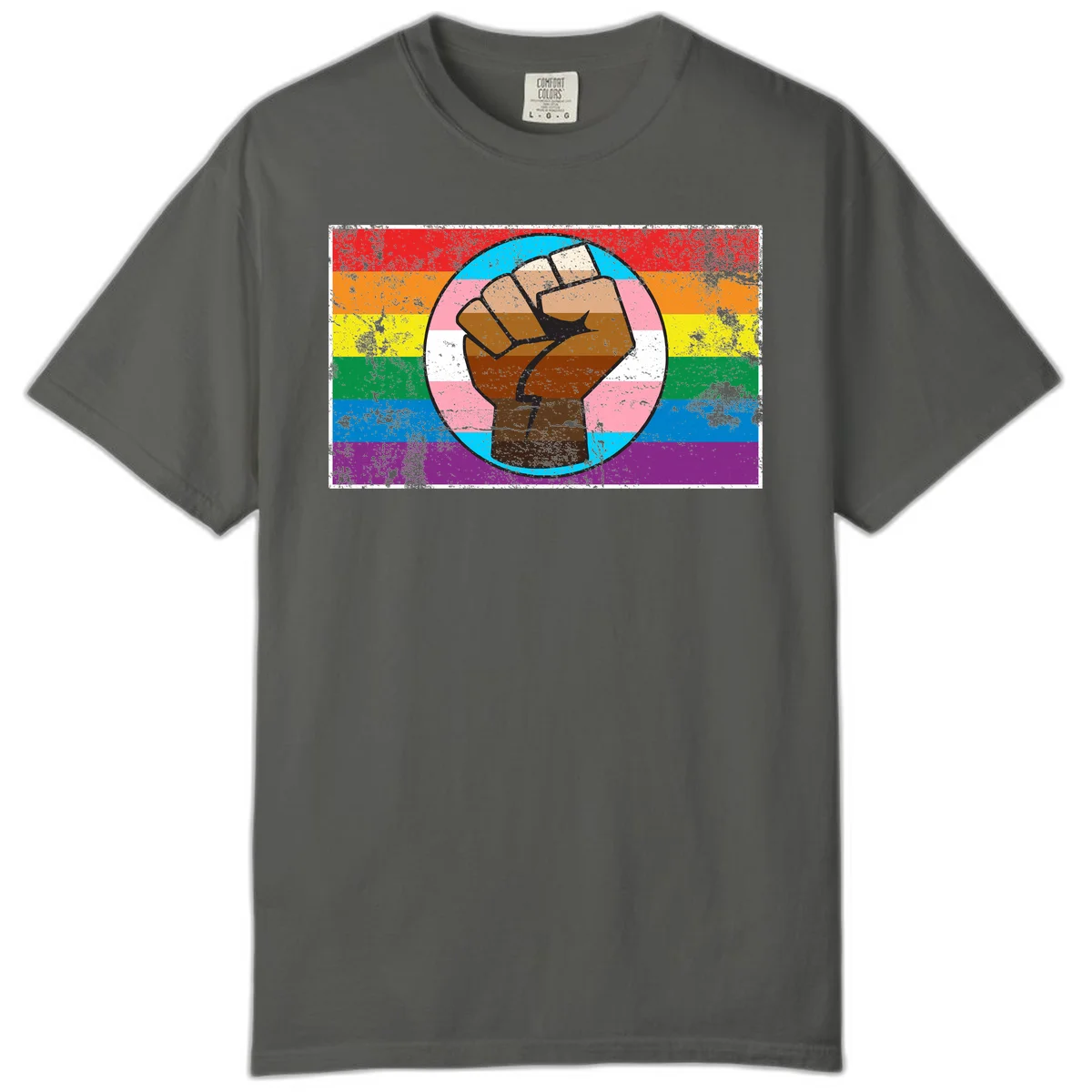 Raised brown fist in circular badge with rainbow pride flag and trans flag stripe background symbolizing LGBTQ+ solidarity in Pepper
