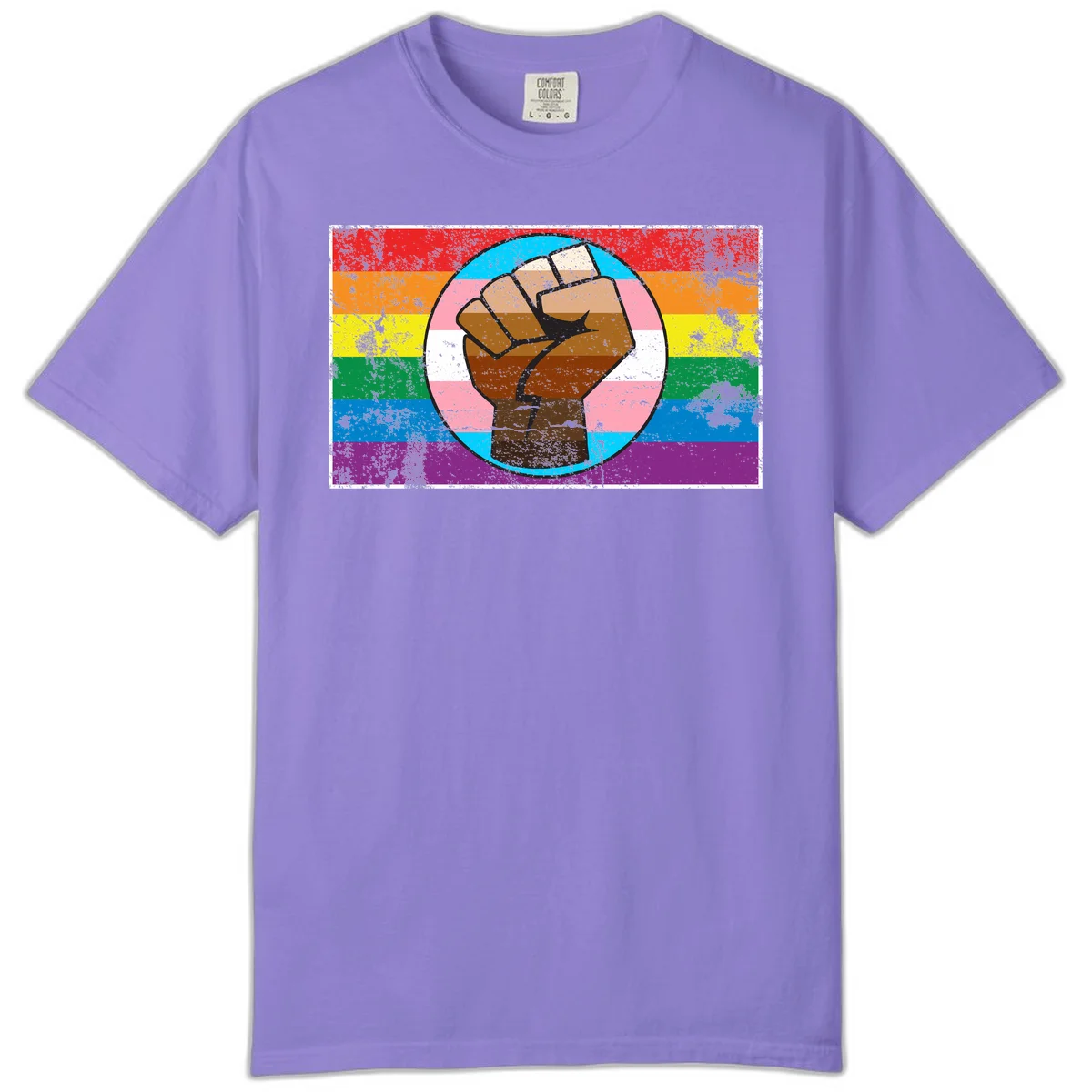Raised brown fist in circular badge with rainbow pride flag and trans flag stripe background symbolizing LGBTQ+ solidarity in Violet
