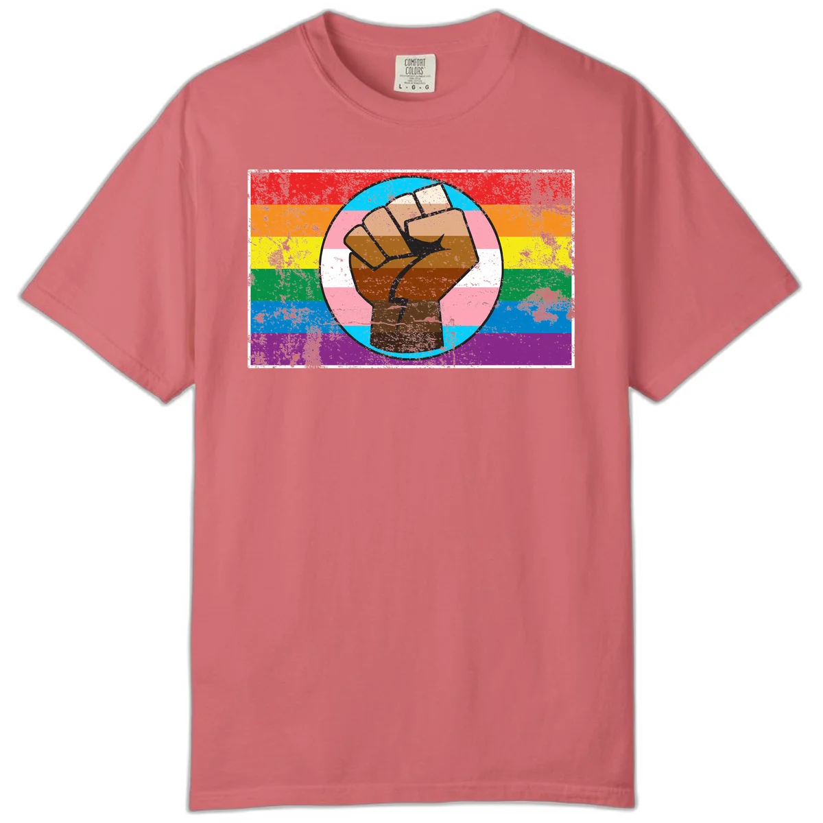 Raised brown fist in circular badge with rainbow pride flag and trans flag stripe background symbolizing LGBTQ+ solidarity in Watermelon