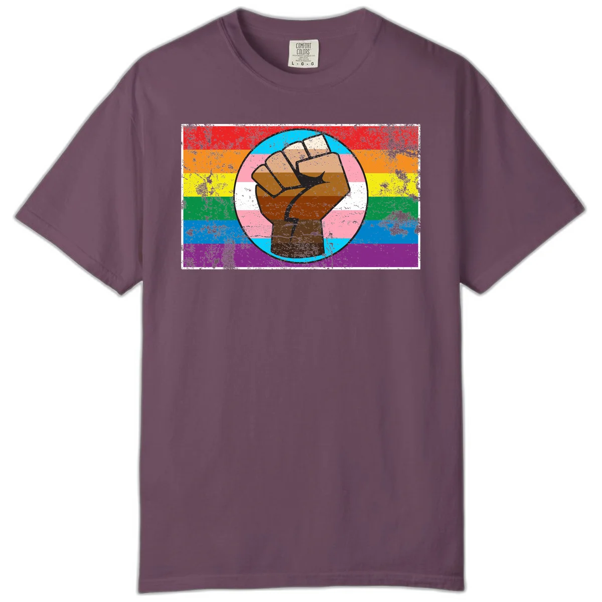Raised brown fist in circular badge with rainbow pride flag and trans flag stripe background symbolizing LGBTQ+ solidarity in Berry