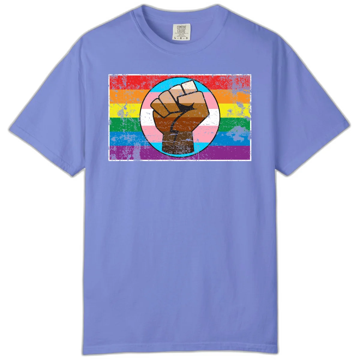 Raised brown fist in circular badge with rainbow pride flag and trans flag stripe background symbolizing LGBTQ+ solidarity in Flo Blue