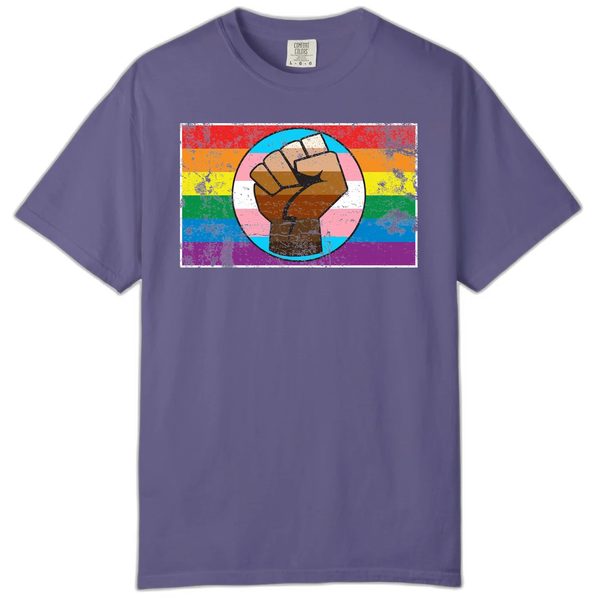 Raised brown fist in circular badge with rainbow pride flag and trans flag stripe background symbolizing LGBTQ+ solidarity in Grape