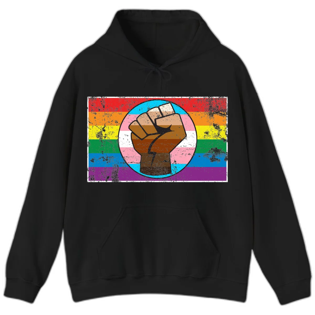 Raised brown fist in circular badge with rainbow pride flag and trans flag stripe background symbolizing LGBTQ+ solidarity in Black