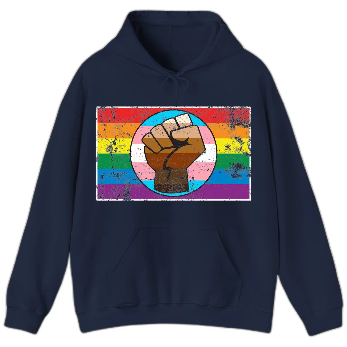 Raised brown fist in circular badge with rainbow pride flag and trans flag stripe background symbolizing LGBTQ+ solidarity in Navy
