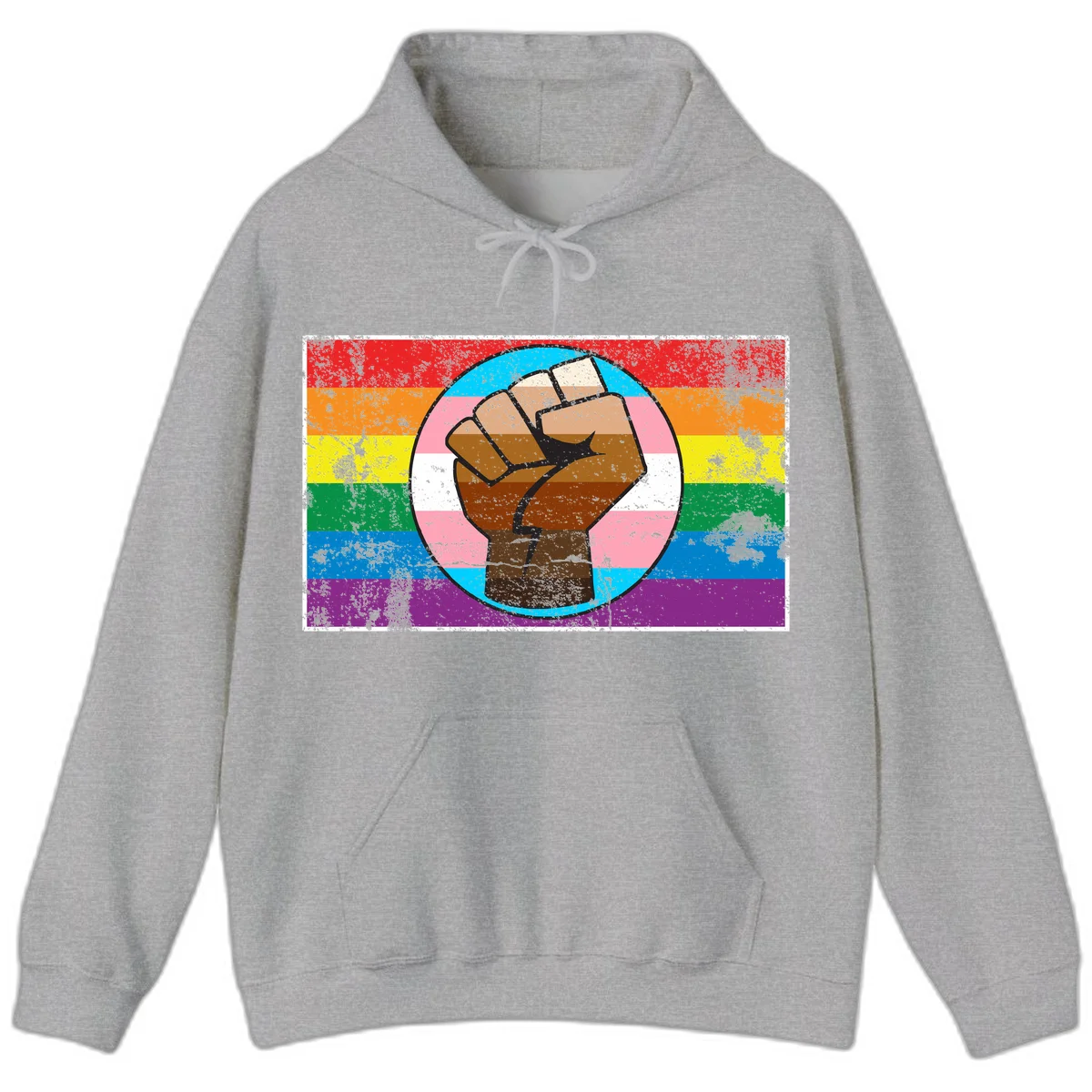 Raised brown fist in circular badge with rainbow pride flag and trans flag stripe background symbolizing LGBTQ+ solidarity in Sport Grey