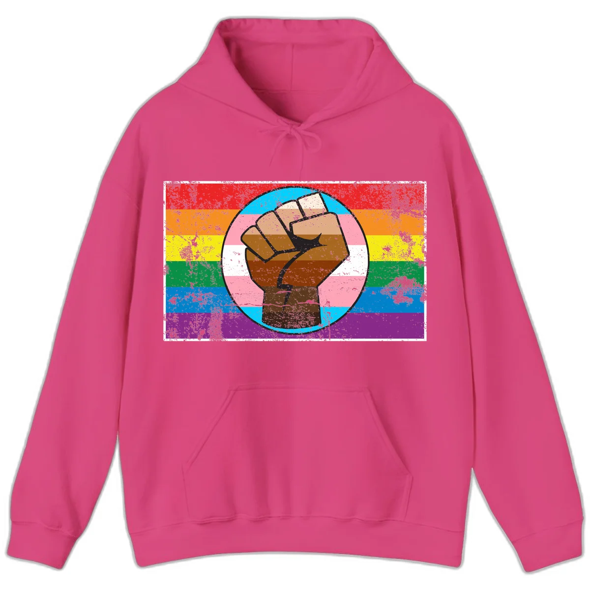 Raised brown fist in circular badge with rainbow pride flag and trans flag stripe background symbolizing LGBTQ+ solidarity in Heliconia