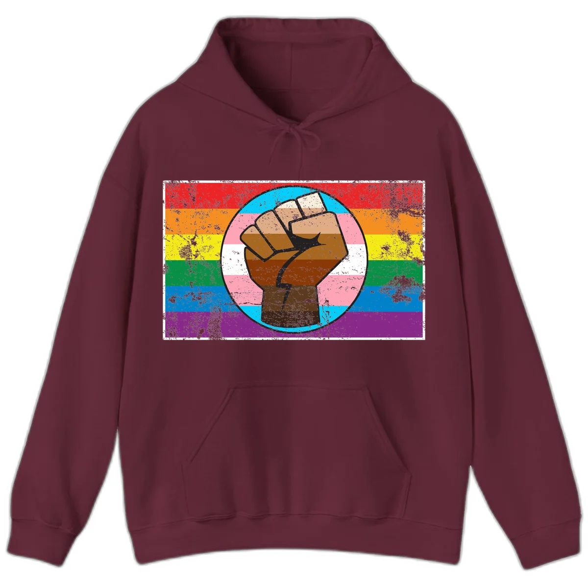 Raised brown fist in circular badge with rainbow pride flag and trans flag stripe background symbolizing LGBTQ+ solidarity in Maroon