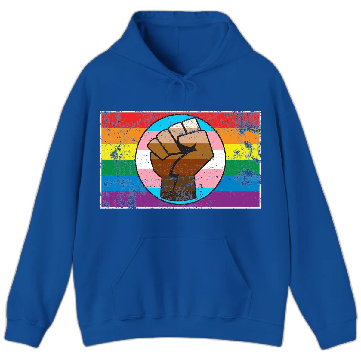 Raised brown fist in circular badge with rainbow pride flag and trans flag stripe background symbolizing LGBTQ+ solidarity in Royal