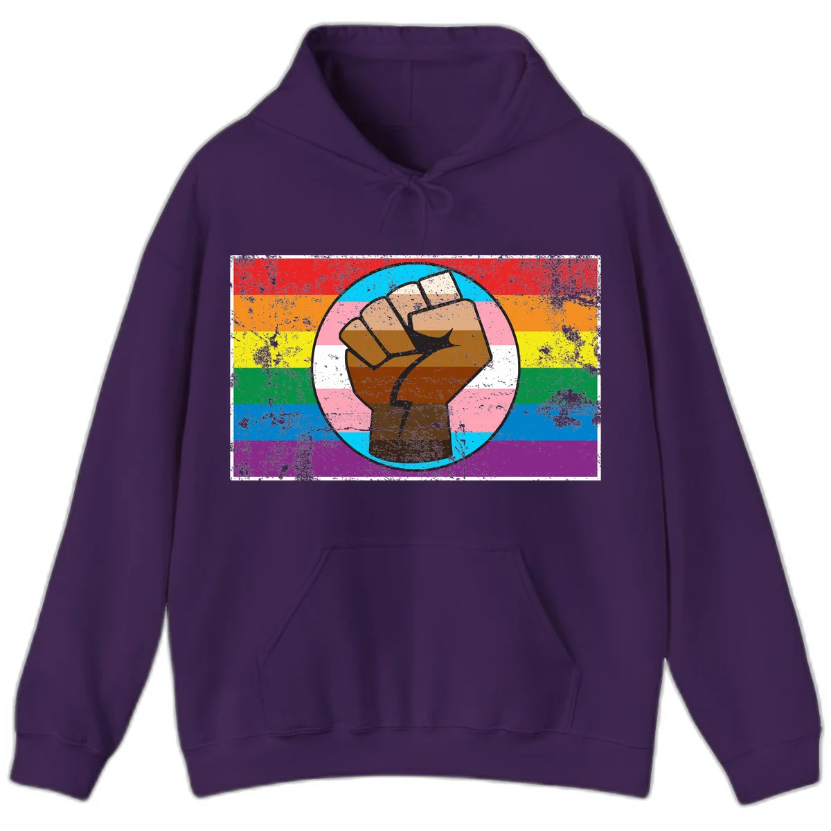 Raised brown fist in circular badge with rainbow pride flag and trans flag stripe background symbolizing LGBTQ+ solidarity in Purple