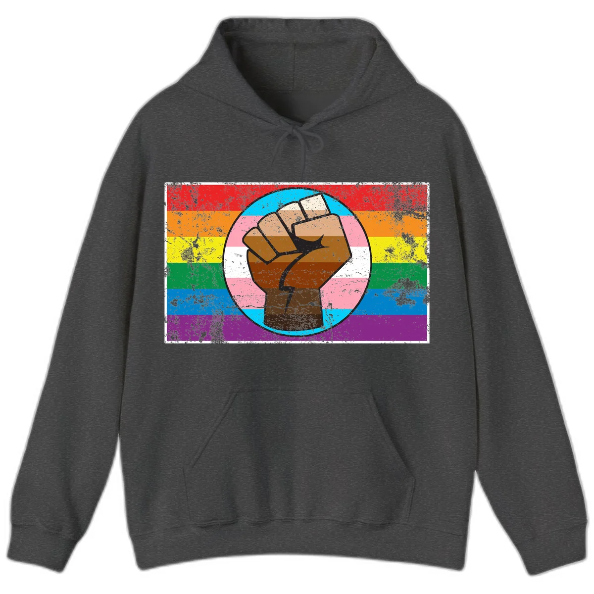 Raised brown fist in circular badge with rainbow pride flag and trans flag stripe background symbolizing LGBTQ+ solidarity in Dark Heather