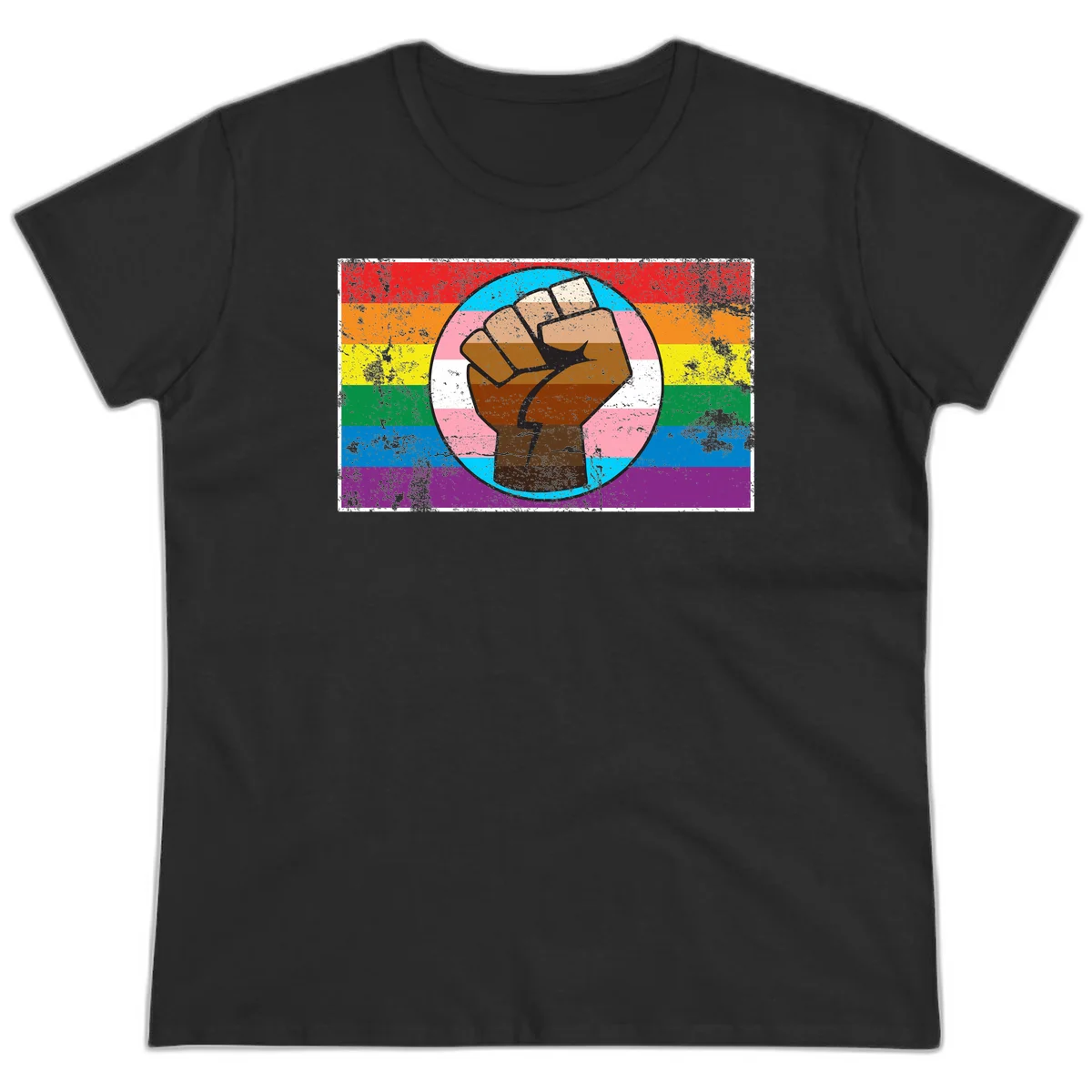 Raised brown fist in circular badge with rainbow pride flag and trans flag stripe background symbolizing LGBTQ+ solidarity in Black