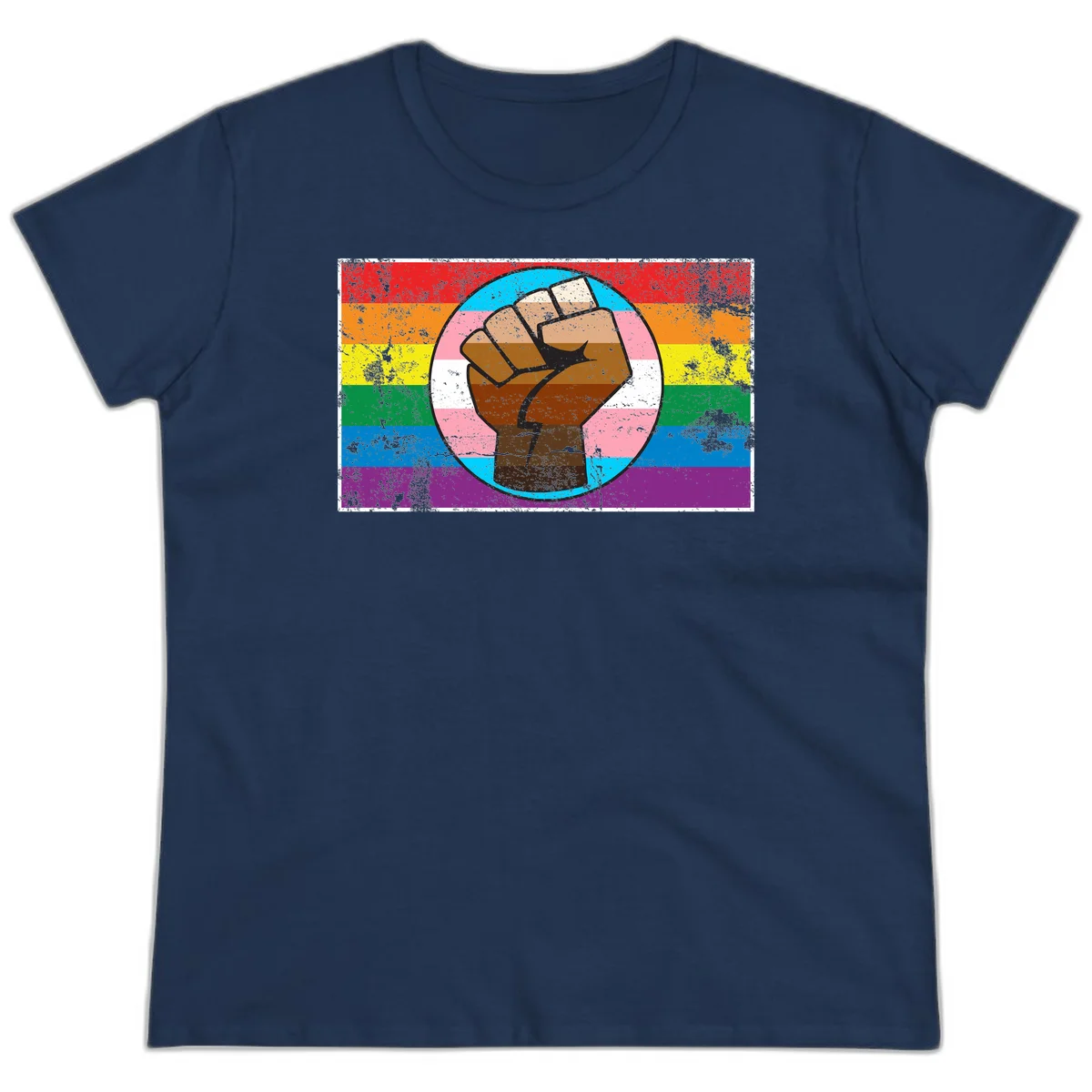 Raised brown fist in circular badge with rainbow pride flag and trans flag stripe background symbolizing LGBTQ+ solidarity in Navy