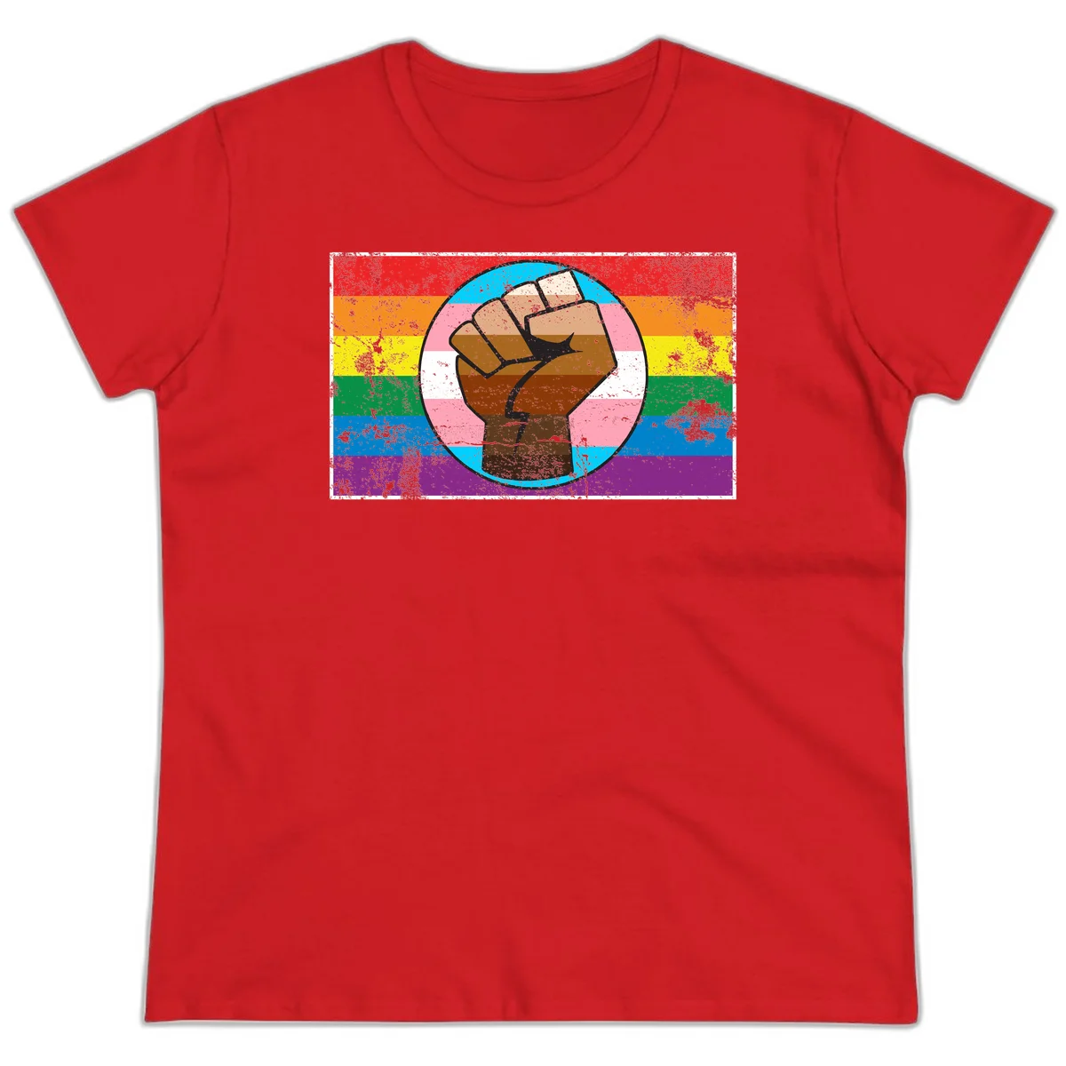 Raised brown fist in circular badge with rainbow pride flag and trans flag stripe background symbolizing LGBTQ+ solidarity in Red
