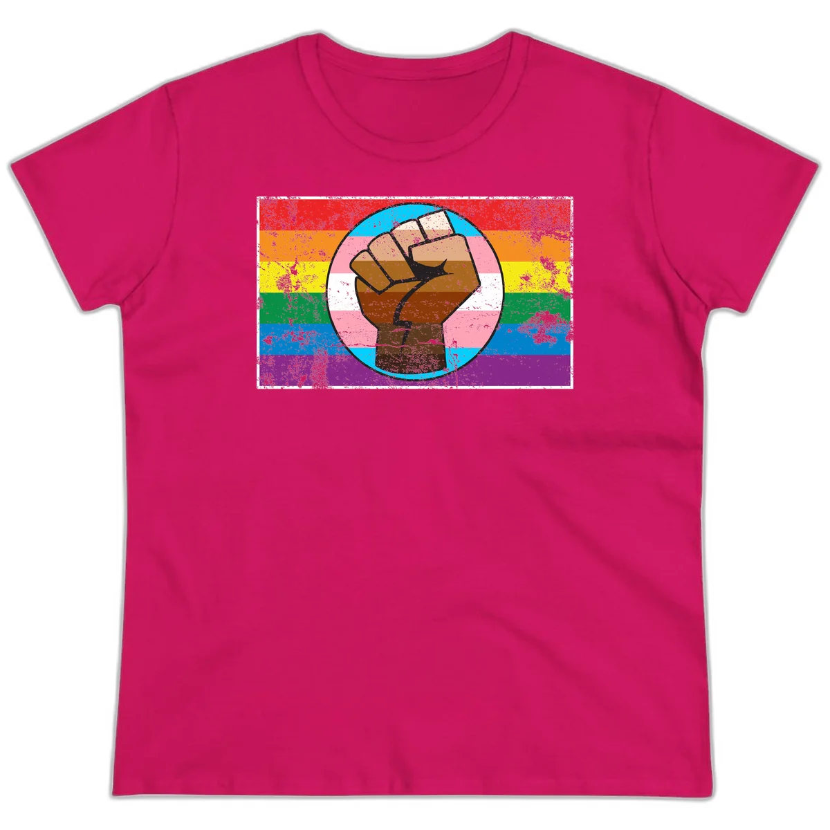 Raised brown fist in circular badge with rainbow pride flag and trans flag stripe background symbolizing LGBTQ+ solidarity in Heliconia