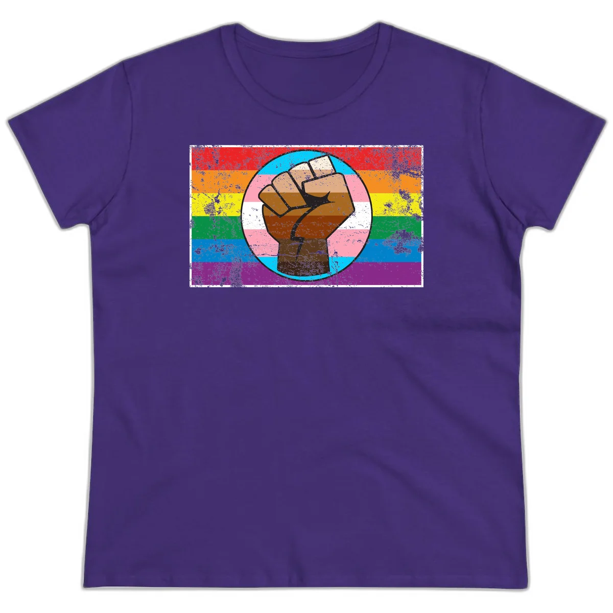 Raised brown fist in circular badge with rainbow pride flag and trans flag stripe background symbolizing LGBTQ+ solidarity in Purple