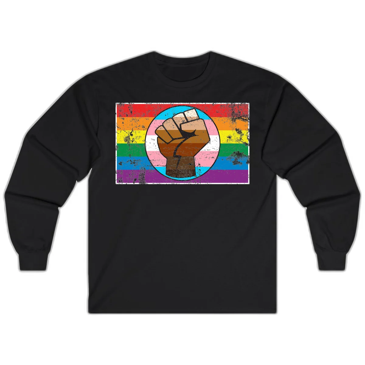 Raised brown fist in circular badge with rainbow pride flag and trans flag stripe background symbolizing LGBTQ+ solidarity in Black