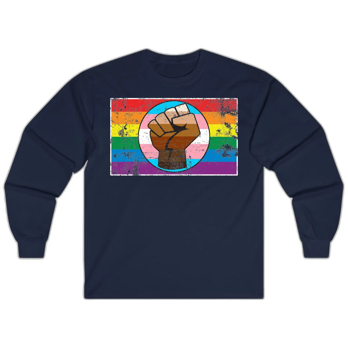 Raised brown fist in circular badge with rainbow pride flag and trans flag stripe background symbolizing LGBTQ+ solidarity in Navy