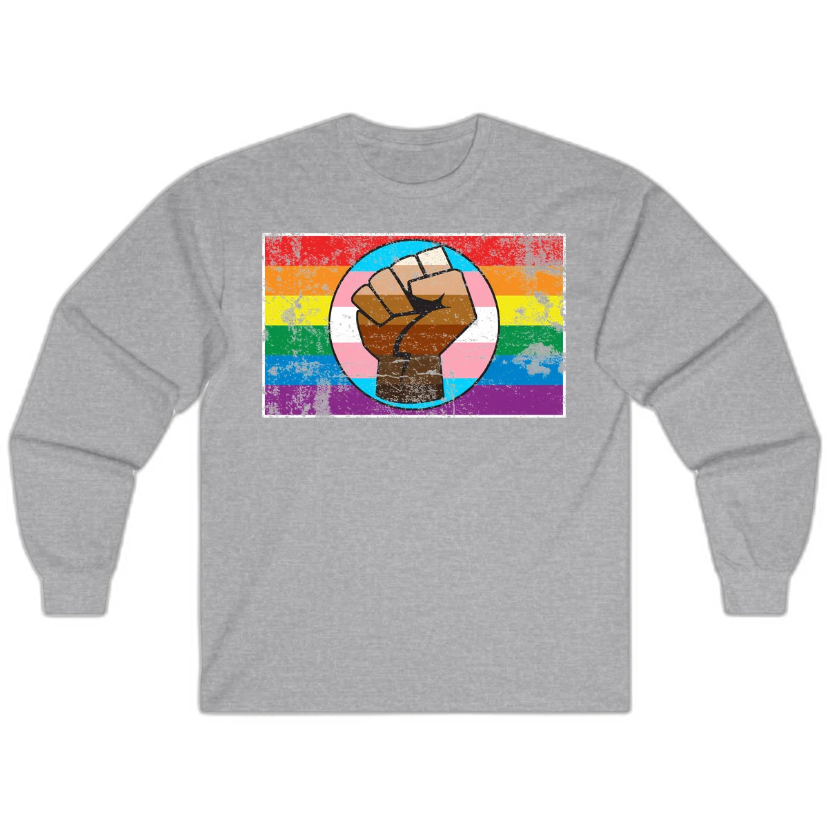 Raised brown fist in circular badge with rainbow pride flag and trans flag stripe background symbolizing LGBTQ+ solidarity in Sport Grey