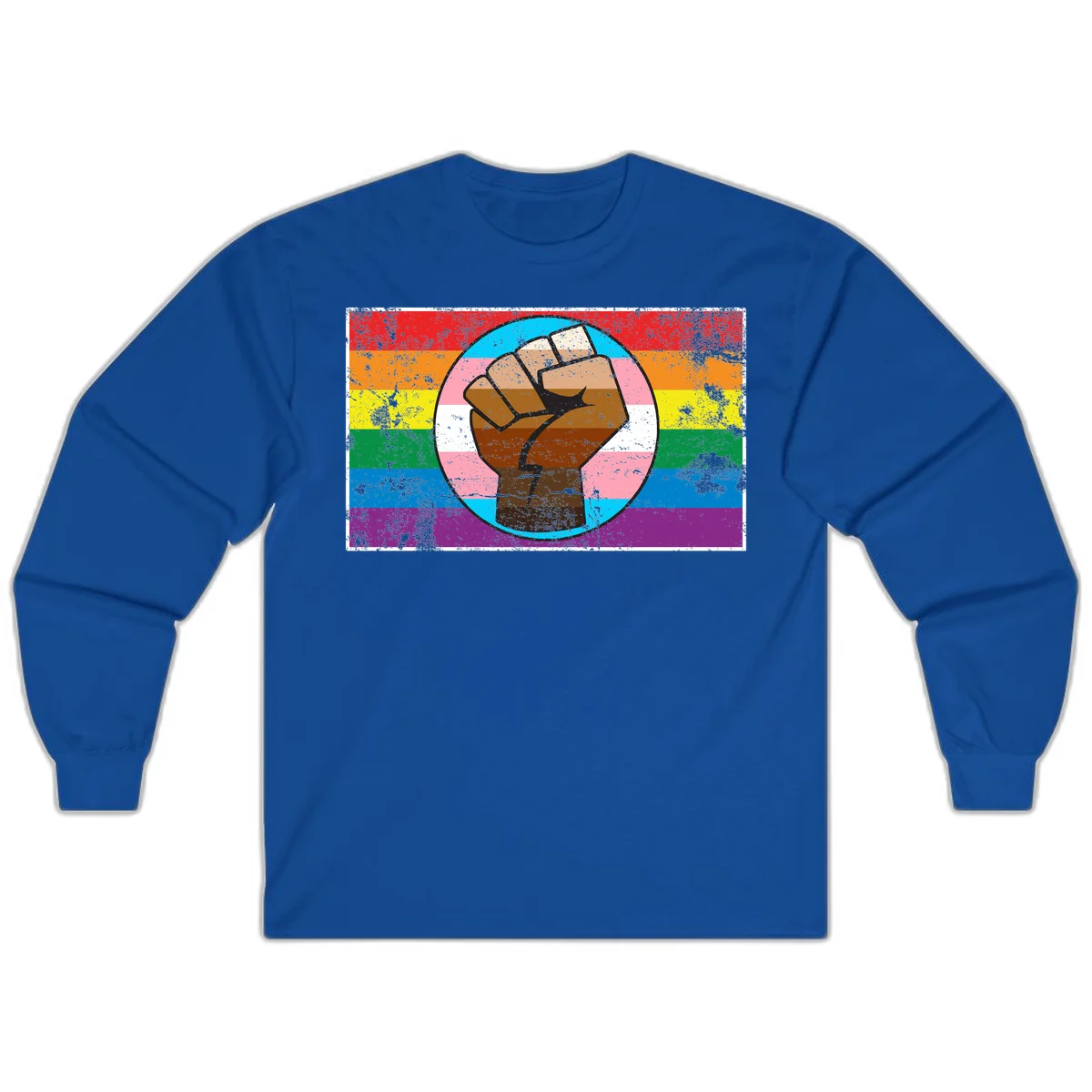 Raised brown fist in circular badge with rainbow pride flag and trans flag stripe background symbolizing LGBTQ+ solidarity in Royal