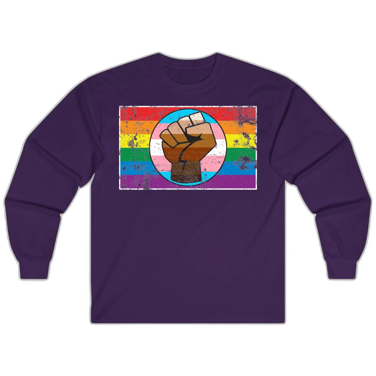 Raised brown fist in circular badge with rainbow pride flag and trans flag stripe background symbolizing LGBTQ+ solidarity in Purple