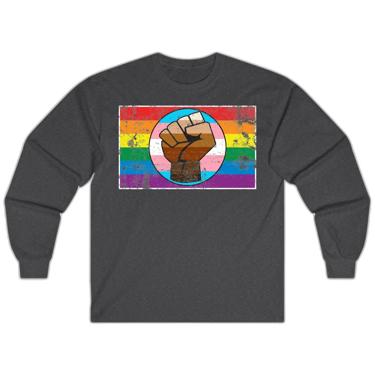 Raised brown fist in circular badge with rainbow pride flag and trans flag stripe background symbolizing LGBTQ+ solidarity in Dark Heather
