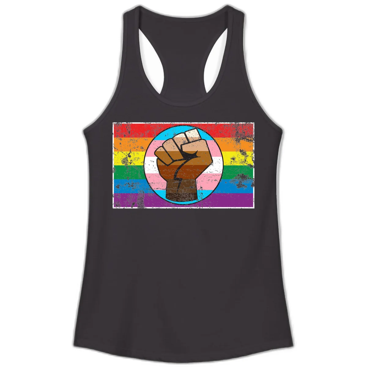 Raised brown fist in circular badge with rainbow pride flag and trans flag stripe background symbolizing LGBTQ+ solidarity in Black