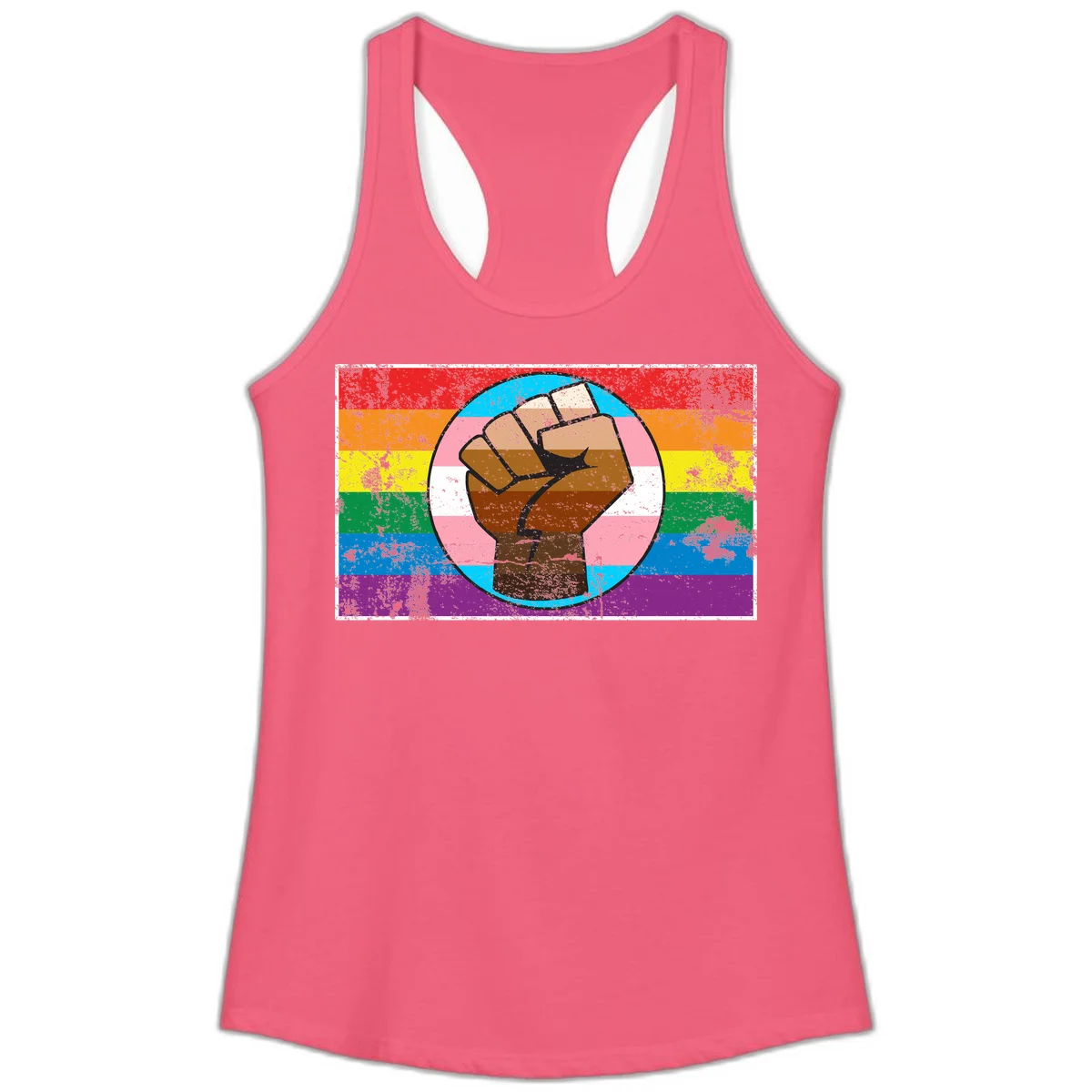 Raised brown fist in circular badge with rainbow pride flag and trans flag stripe background symbolizing LGBTQ+ solidarity in Hot Pink