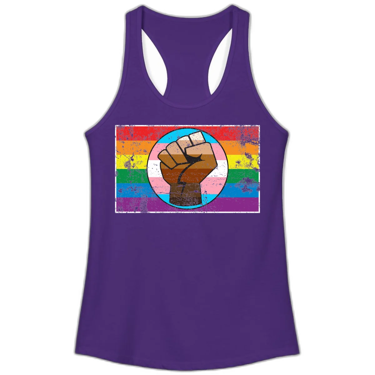 Raised brown fist in circular badge with rainbow pride flag and trans flag stripe background symbolizing LGBTQ+ solidarity in Solid Purple Rush