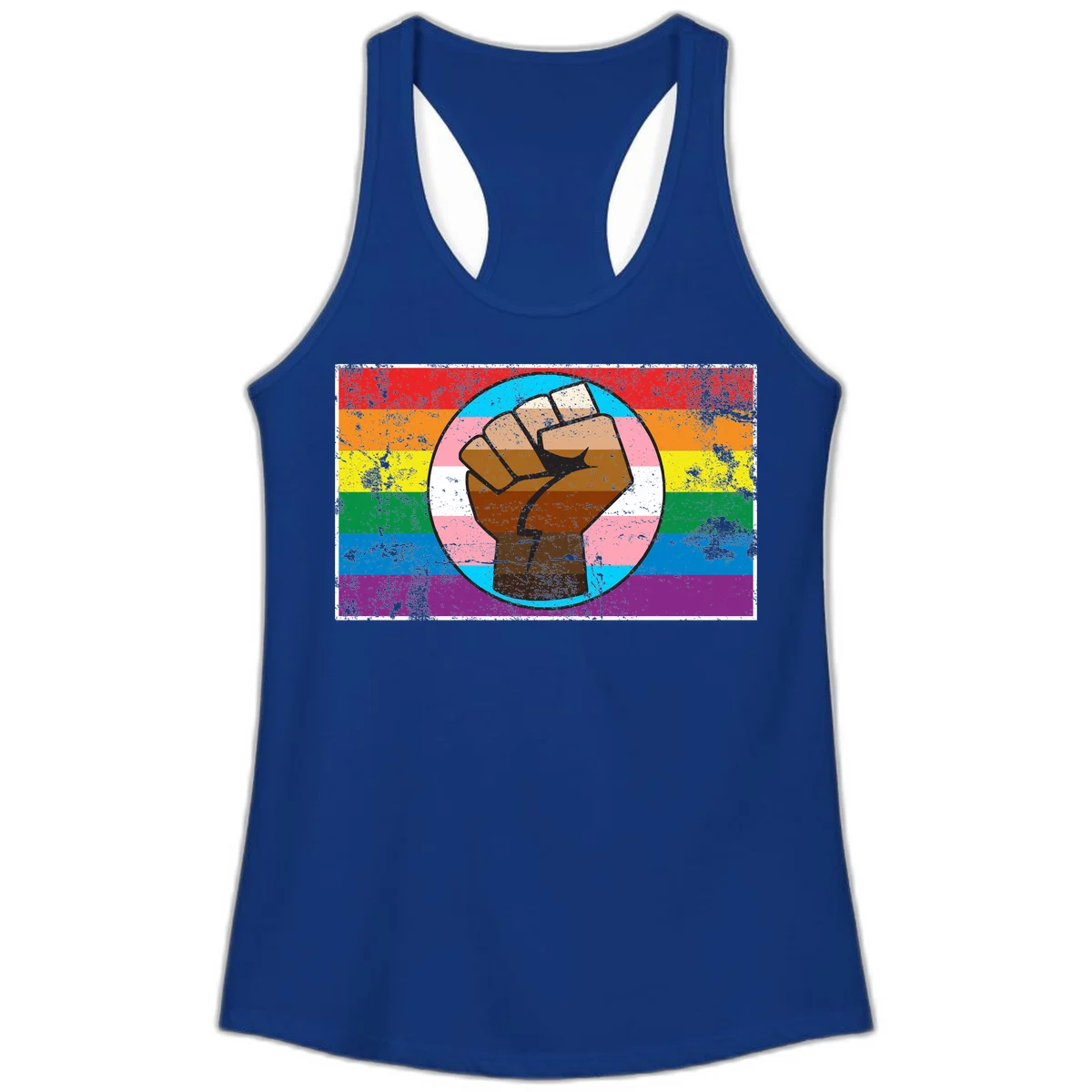 Raised brown fist in circular badge with rainbow pride flag and trans flag stripe background symbolizing LGBTQ+ solidarity in Solid Royal