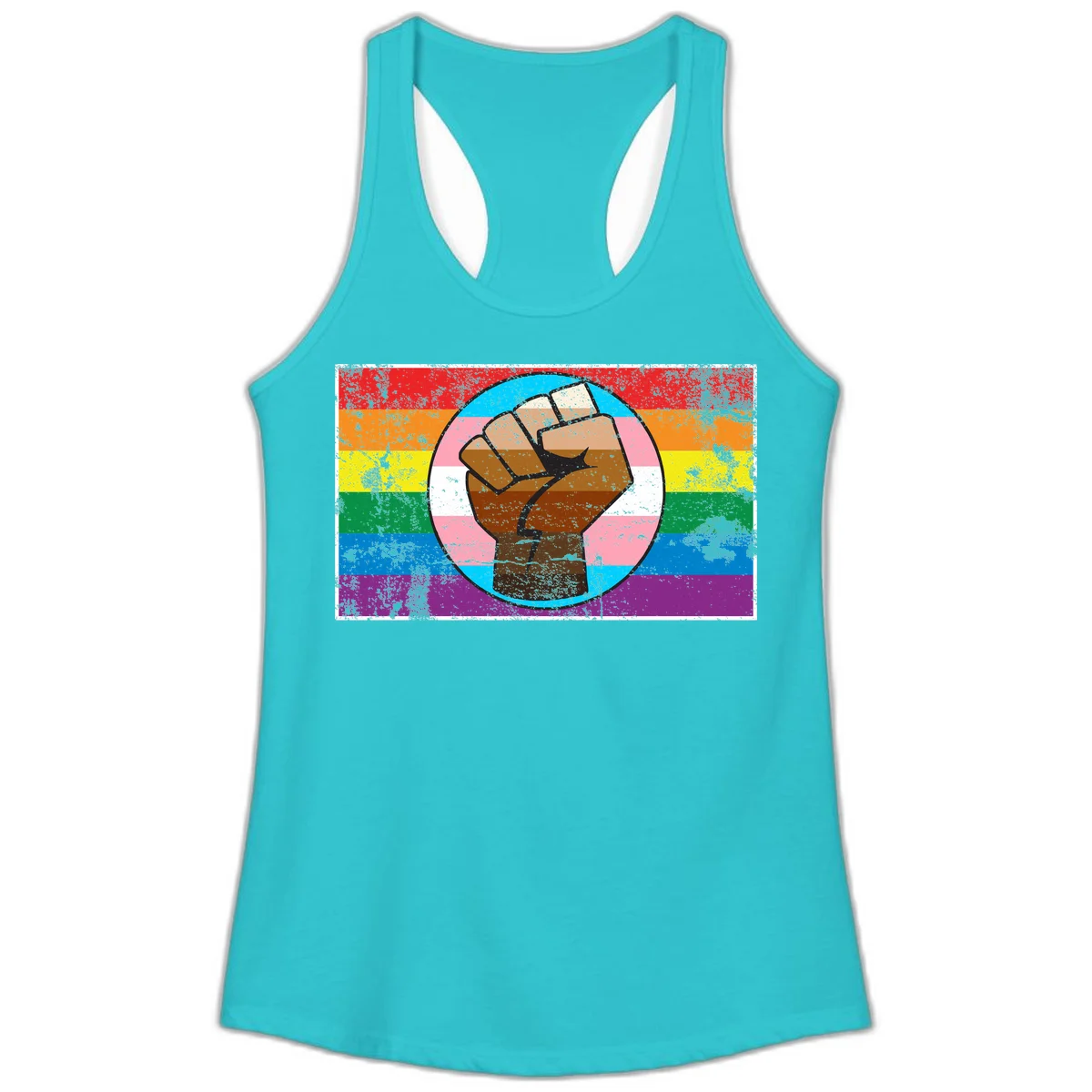 Raised brown fist in circular badge with rainbow pride flag and trans flag stripe background symbolizing LGBTQ+ solidarity in Solid Tahiti Blue