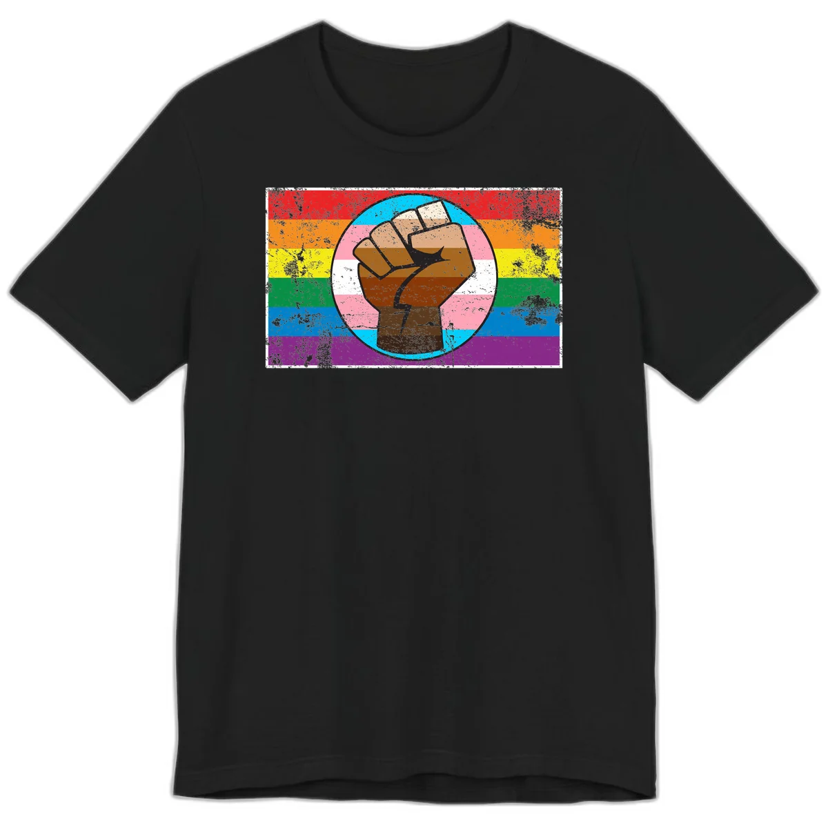 Raised brown fist in circular badge with rainbow pride flag and trans flag stripe background symbolizing LGBTQ+ solidarity in Black