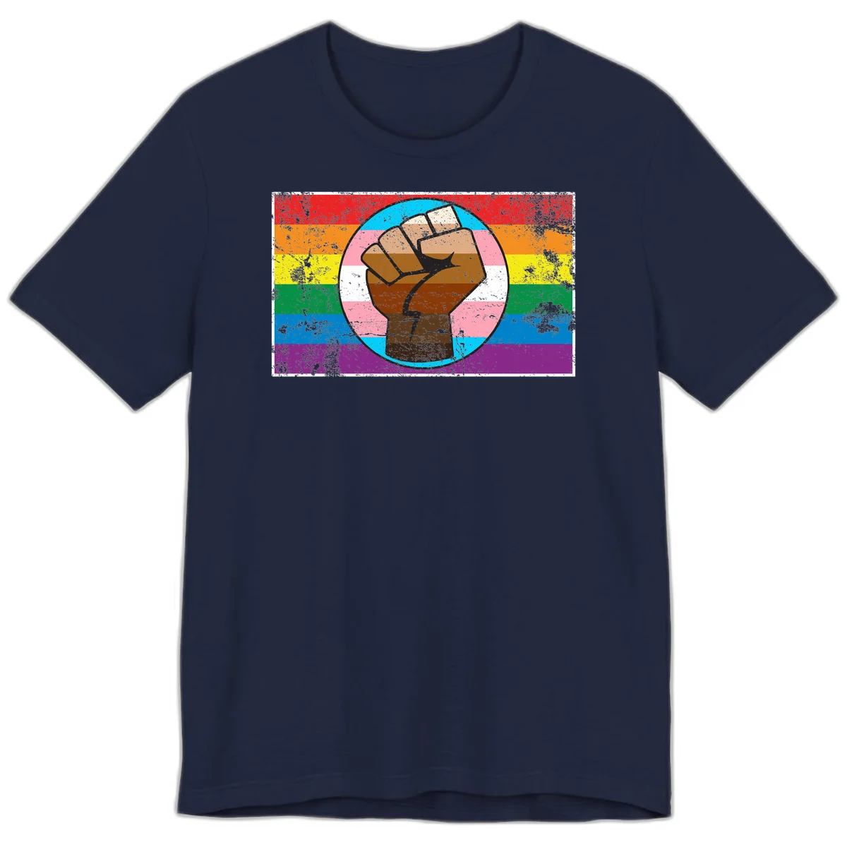 Raised brown fist in circular badge with rainbow pride flag and trans flag stripe background symbolizing LGBTQ+ solidarity in Navy