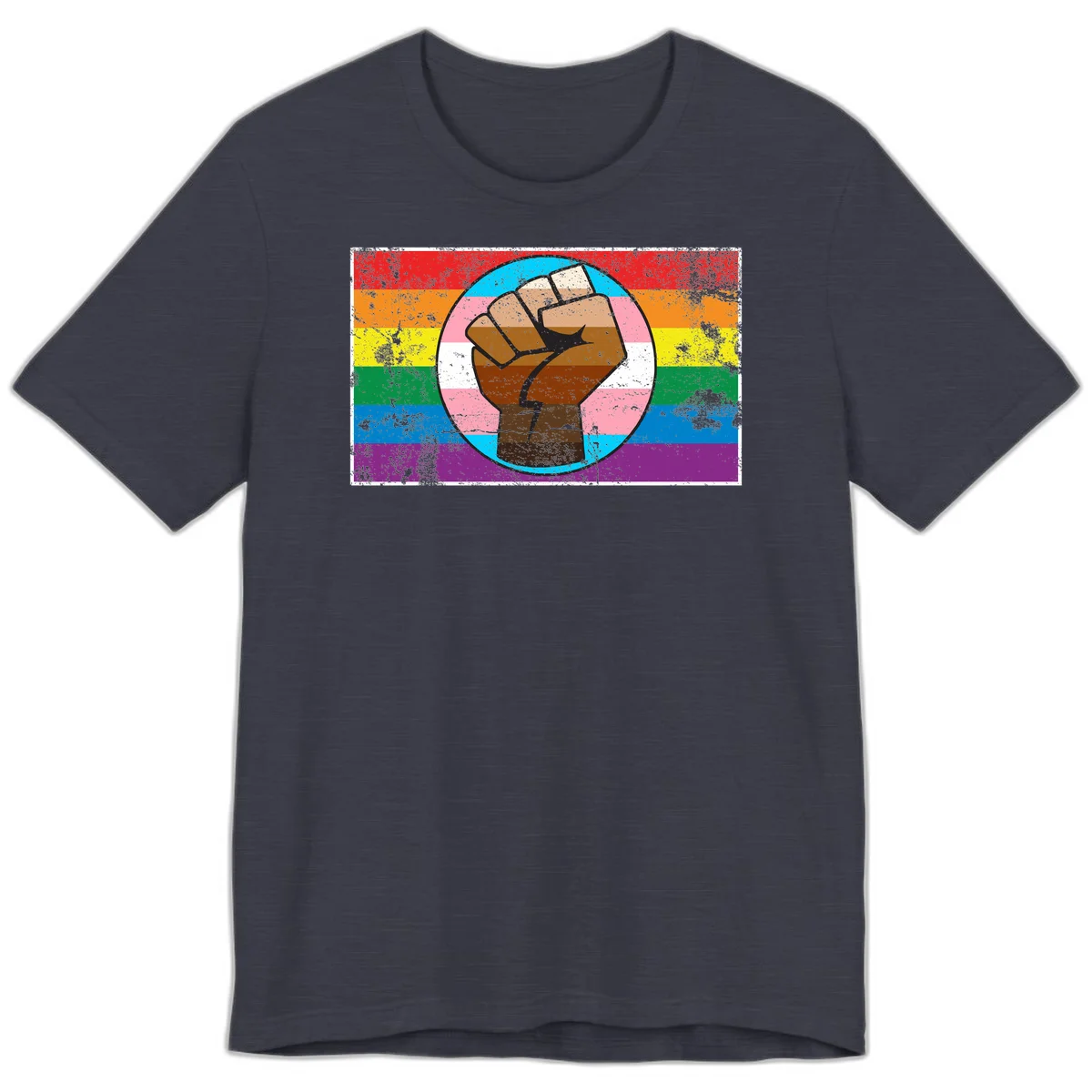 Raised brown fist in circular badge with rainbow pride flag and trans flag stripe background symbolizing LGBTQ+ solidarity in Heather Midnight Navy