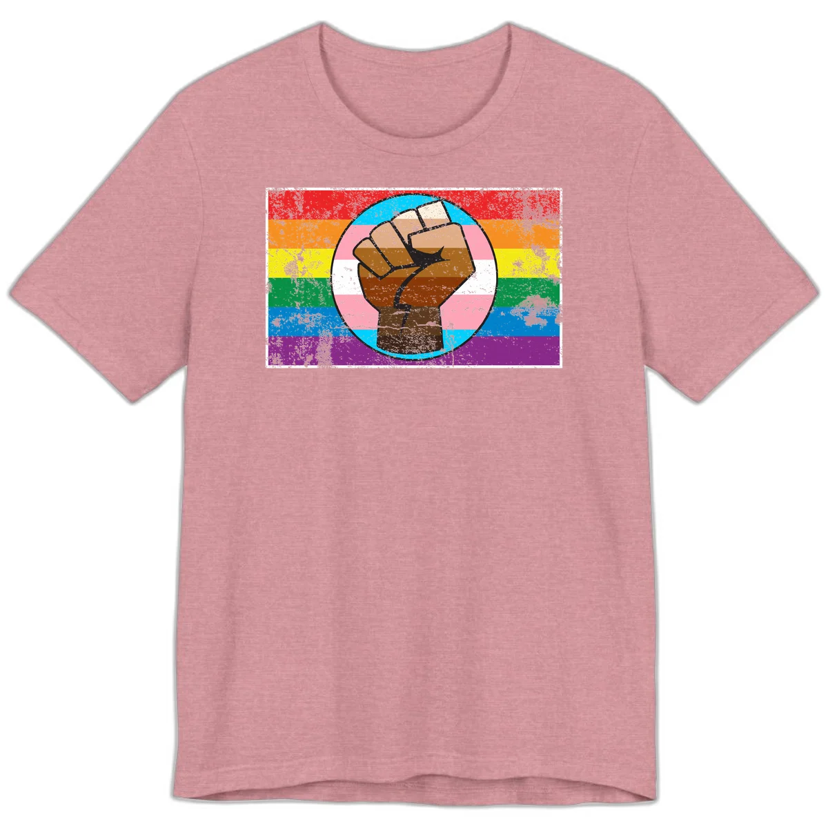 Raised brown fist in circular badge with rainbow pride flag and trans flag stripe background symbolizing LGBTQ+ solidarity in Heather Orchid