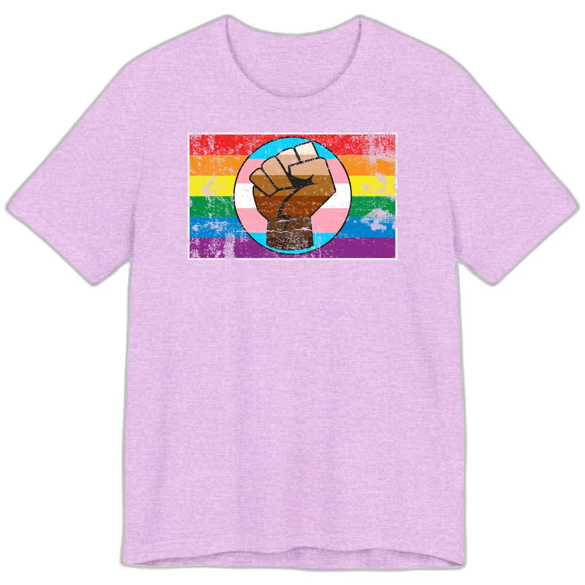 Raised brown fist in circular badge with rainbow pride flag and trans flag stripe background symbolizing LGBTQ+ solidarity in Heather Prism Lilac