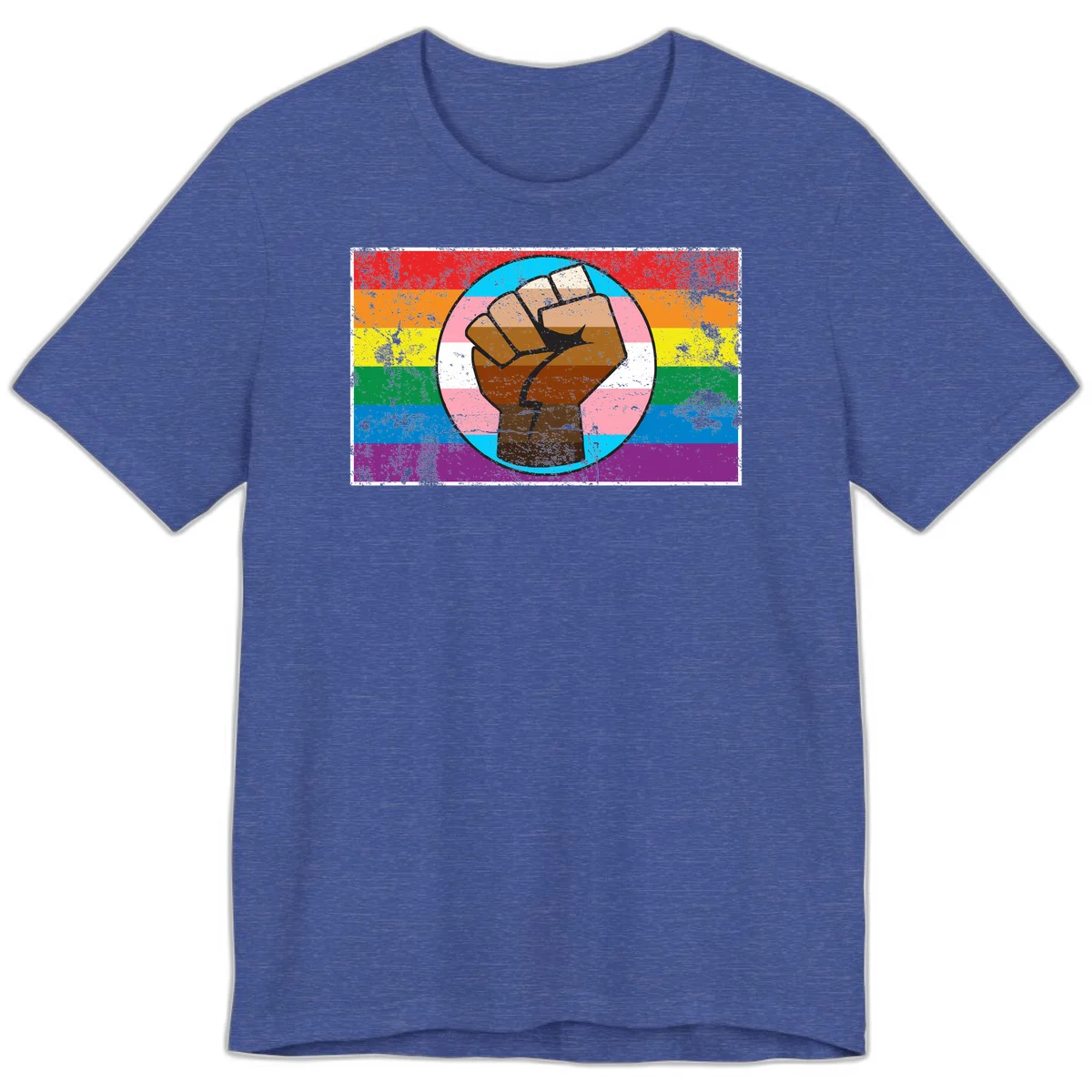 Raised brown fist in circular badge with rainbow pride flag and trans flag stripe background symbolizing LGBTQ+ solidarity in Heather True Royal