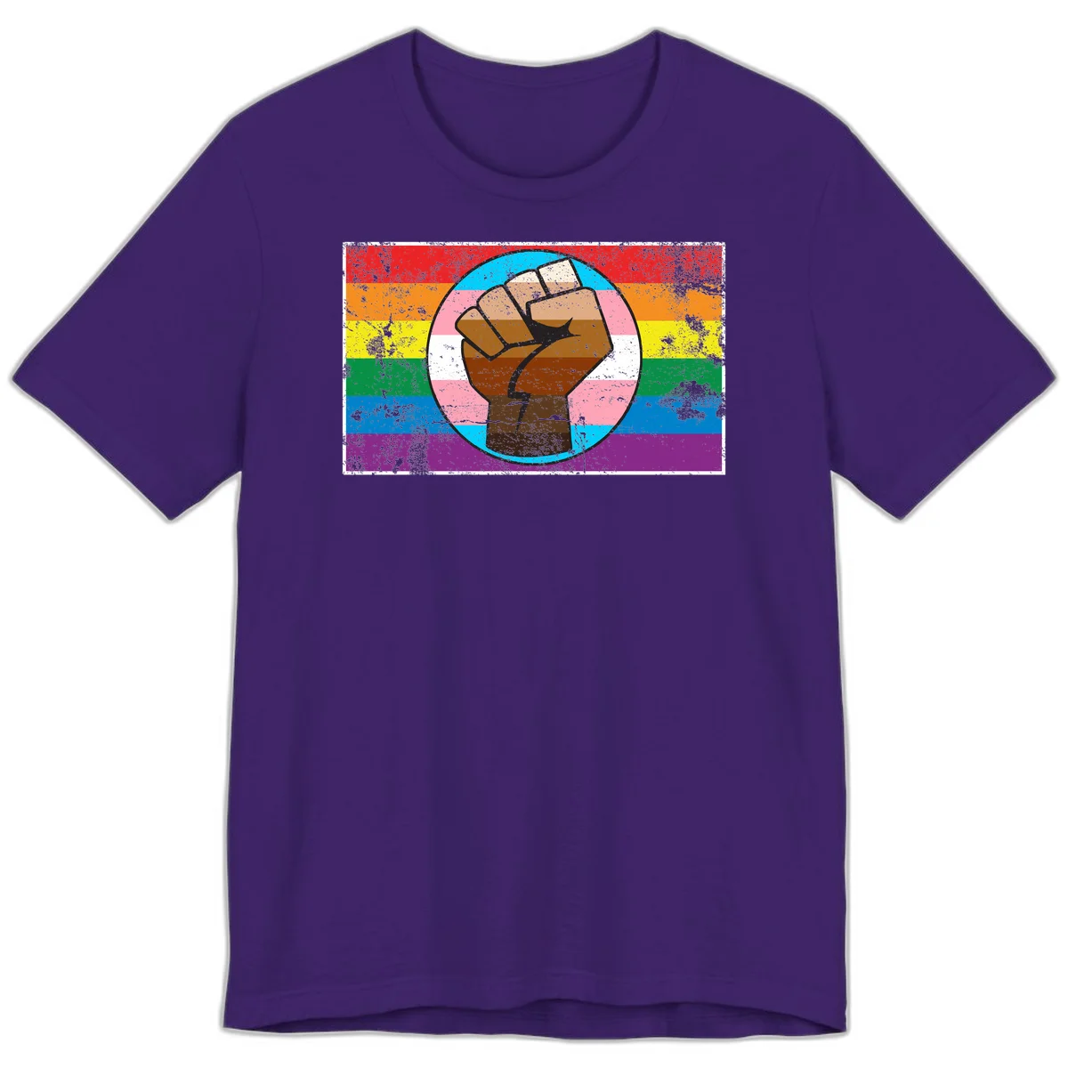 Raised brown fist in circular badge with rainbow pride flag and trans flag stripe background symbolizing LGBTQ+ solidarity in Team Purple