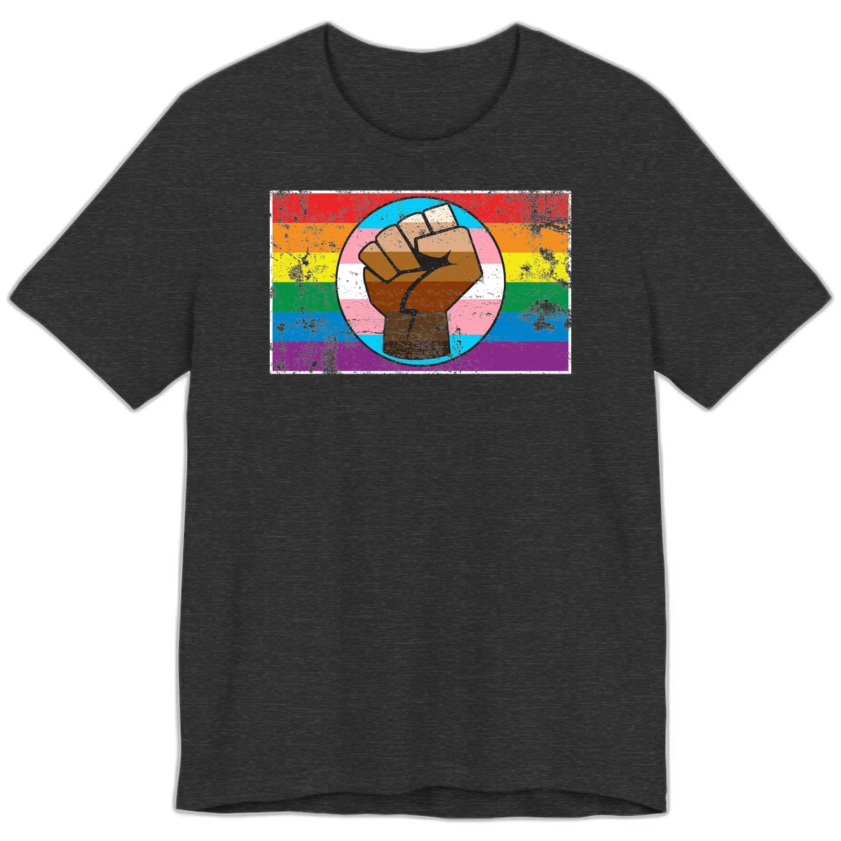 Raised brown fist in circular badge with rainbow pride flag and trans flag stripe background symbolizing LGBTQ+ solidarity in Dark Grey Heather