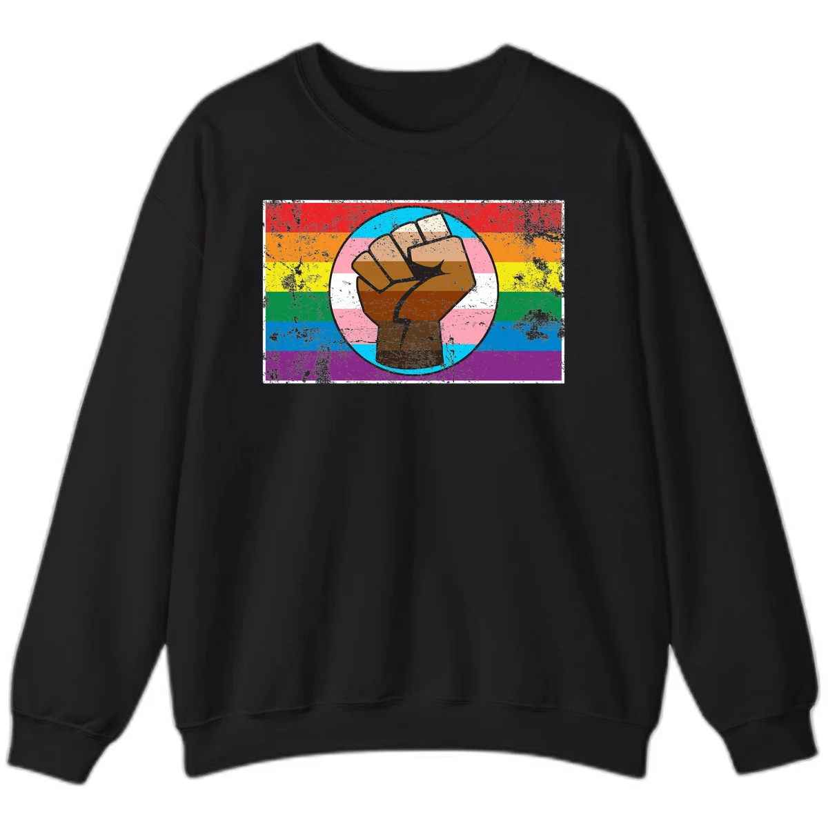 Raised brown fist in circular badge with rainbow pride flag and trans flag stripe background symbolizing LGBTQ+ solidarity in Black