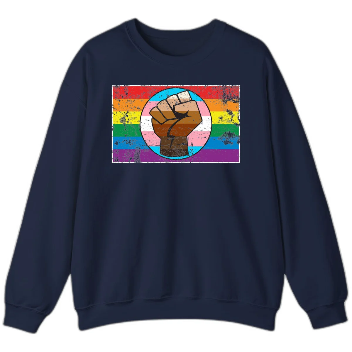 Raised brown fist in circular badge with rainbow pride flag and trans flag stripe background symbolizing LGBTQ+ solidarity in Navy