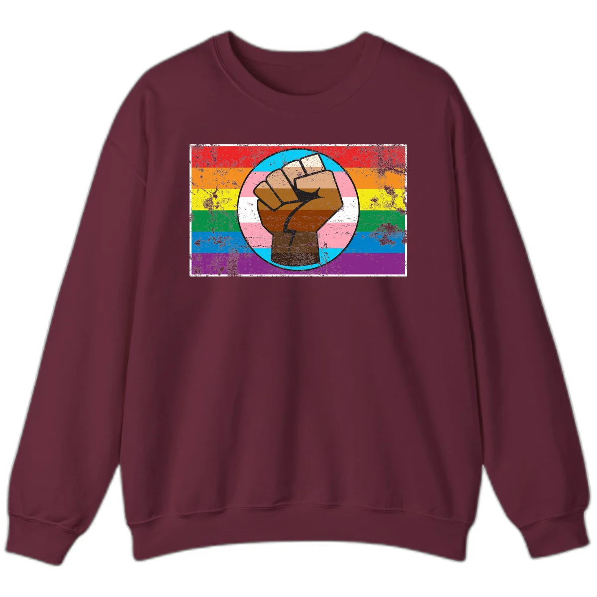 Raised brown fist in circular badge with rainbow pride flag and trans flag stripe background symbolizing LGBTQ+ solidarity in Maroon