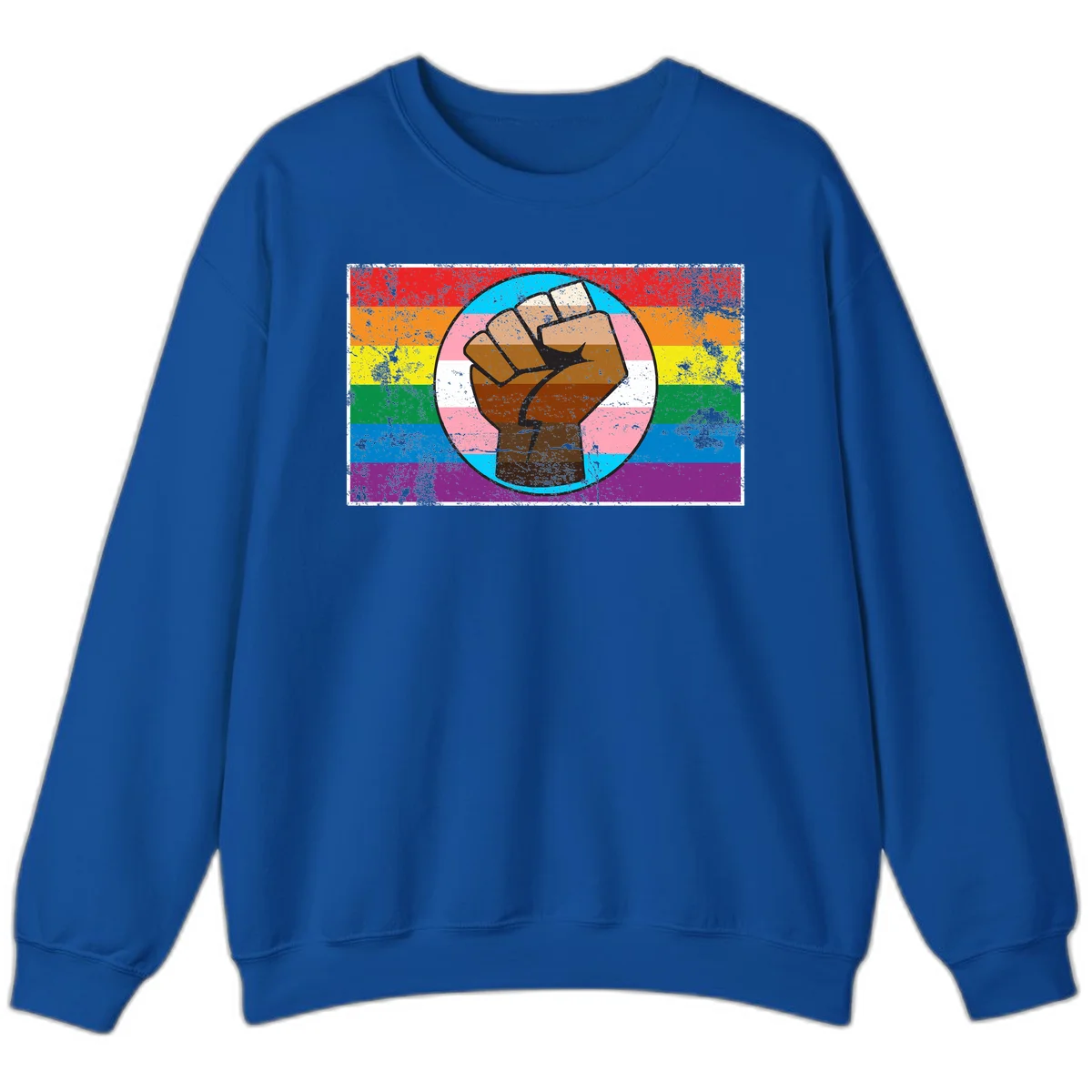 Raised brown fist in circular badge with rainbow pride flag and trans flag stripe background symbolizing LGBTQ+ solidarity in Royal