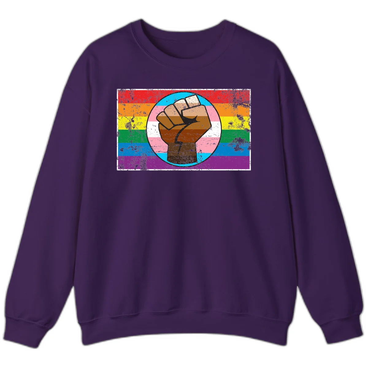 Raised brown fist in circular badge with rainbow pride flag and trans flag stripe background symbolizing LGBTQ+ solidarity in Purple