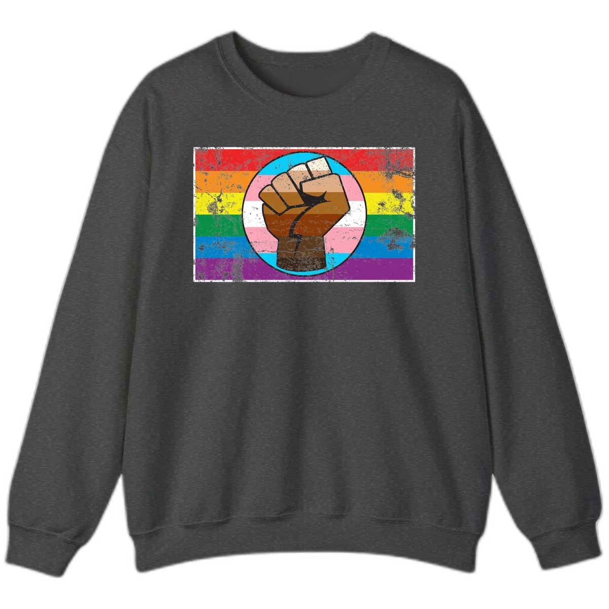 Raised brown fist in circular badge with rainbow pride flag and trans flag stripe background symbolizing LGBTQ+ solidarity in Dark Heather