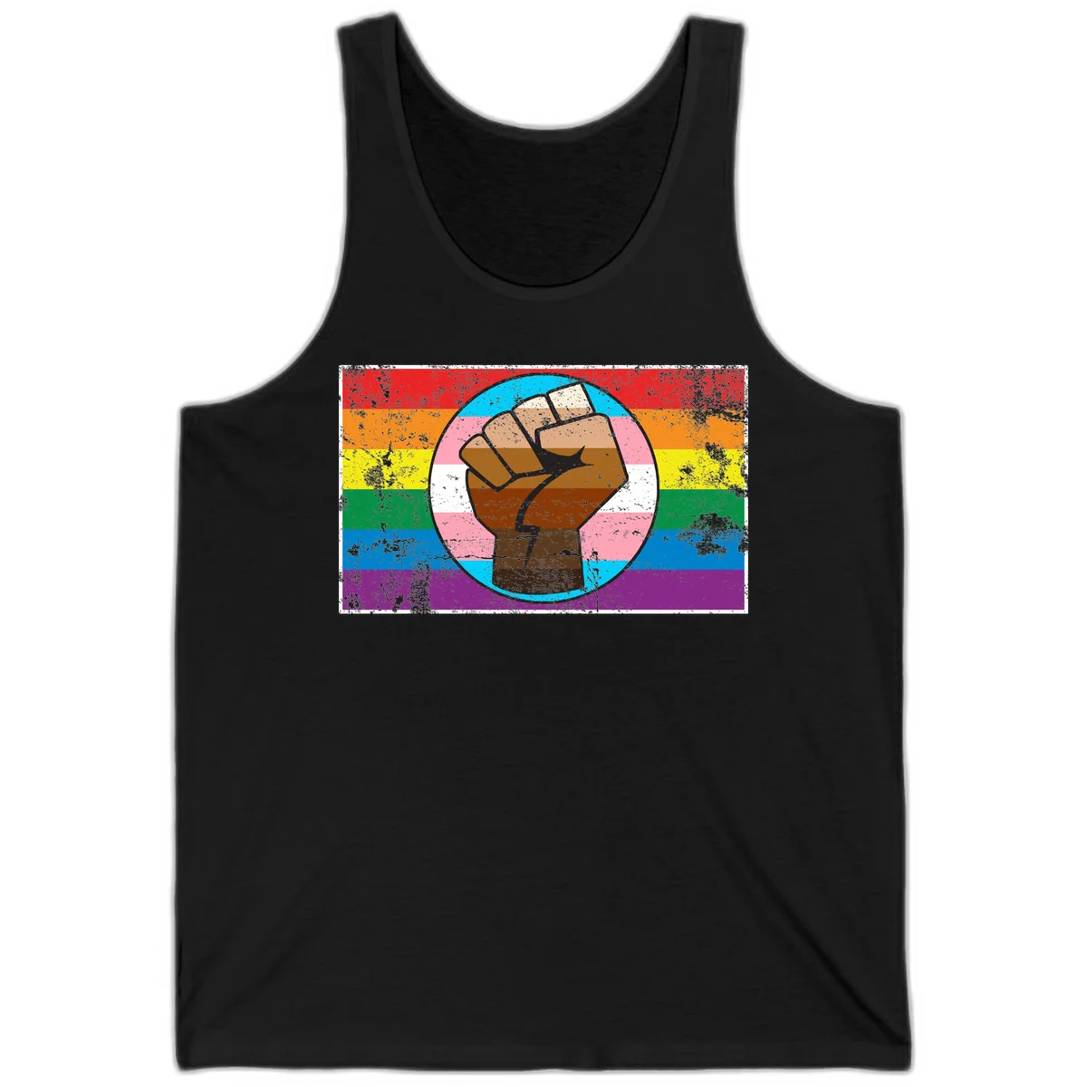 Raised brown fist in circular badge with rainbow pride flag and trans flag stripe background symbolizing LGBTQ+ solidarity in Black