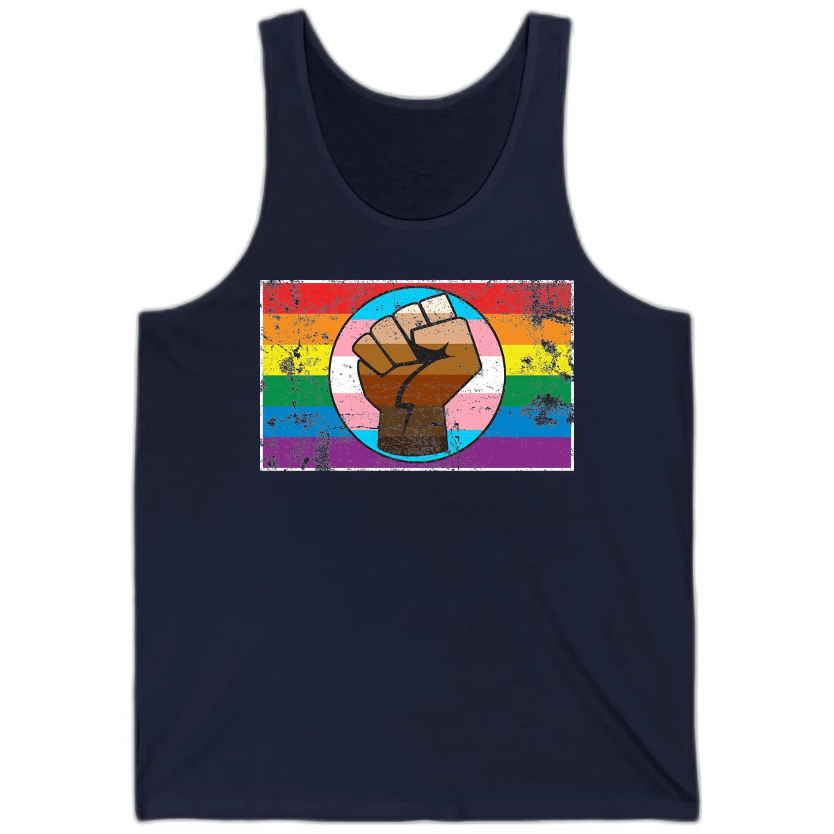 Raised brown fist in circular badge with rainbow pride flag and trans flag stripe background symbolizing LGBTQ+ solidarity in Navy