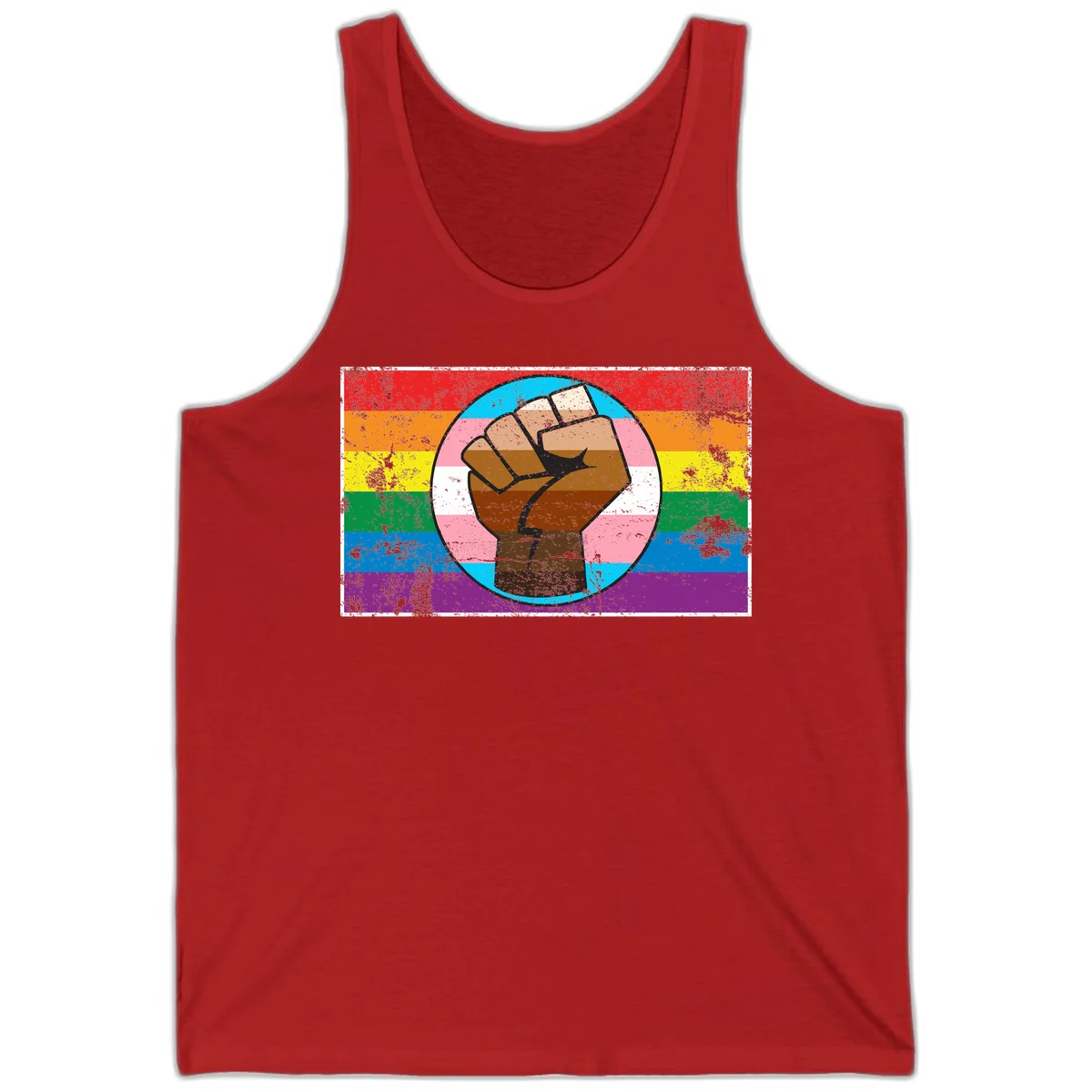 Raised brown fist in circular badge with rainbow pride flag and trans flag stripe background symbolizing LGBTQ+ solidarity in Red