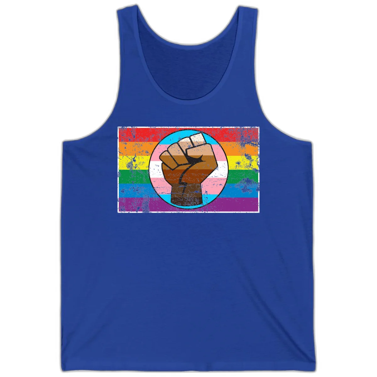 Raised brown fist in circular badge with rainbow pride flag and trans flag stripe background symbolizing LGBTQ+ solidarity in True Royal